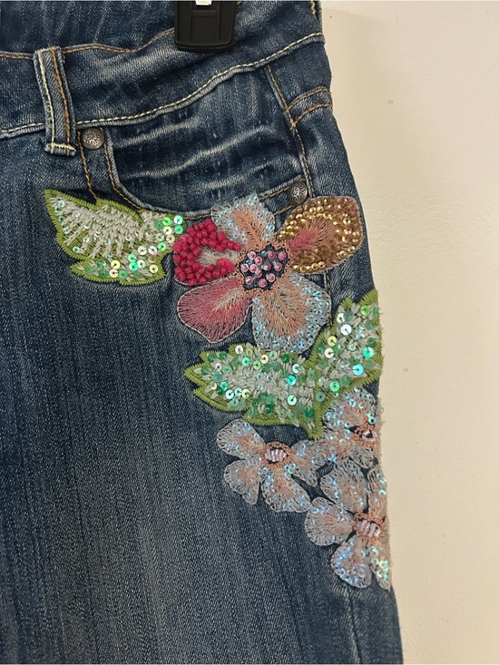 Cache Denim - Cache Blue Denim Boot Cut Jeans with Floral Sequin Embroidery